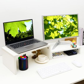 TEAMIX Adjustable White Monitor Stand Riser-2 Pack,Wood 2 Tier Adjustable Monitor Stand Dual Monitor Riser for 2 Monitors/Laptop/PC Computer Stand Desktop Space Saver