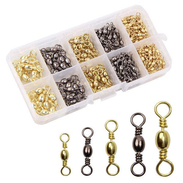 Fishing Barrel Swivels, 200pcs Rolling Ball Bearing Fishing Swivels with Solid Ring Fishing Tackle Accessories Fishing Hook Line Connector Copper with Stainless Steel Black & Gold Size 2 4 6 8 10