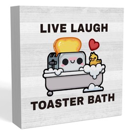 Funny Live Laugh Toaster Bath Sign - Dark Humor Gift for Half Bathroom, Toilet, Farmhouse Restroom, Guest Bathroom - 5 x 5 inch Wood Sign