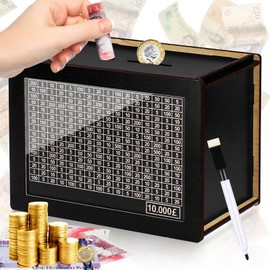 Meetory Money Saving Box, Plus Size 10000 Saving Challenge Box Reusable Kakeibo Money Box with 10k Saving Goal Cash Vault Wooden Savings Box for Adults Kids Boy Girls (10000 Pounds)