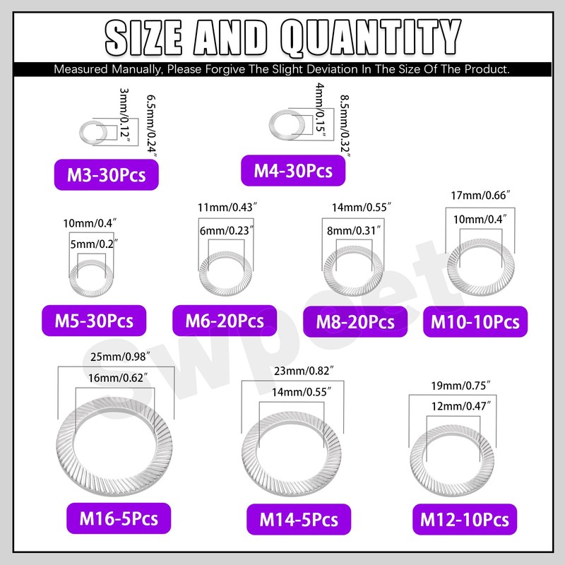 Swpeet 160Pcs 9 Size M3 M4 M5 M6 M8 M10