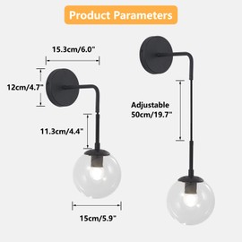 KCO Lighting Black Globe Wall Sconce Set of 2 Mid Century Modern Wall Light with Clear Glass Shade Vintage Adjustable Wall Lamp for Bathroom Mirror Bedside Stairs (Clear)