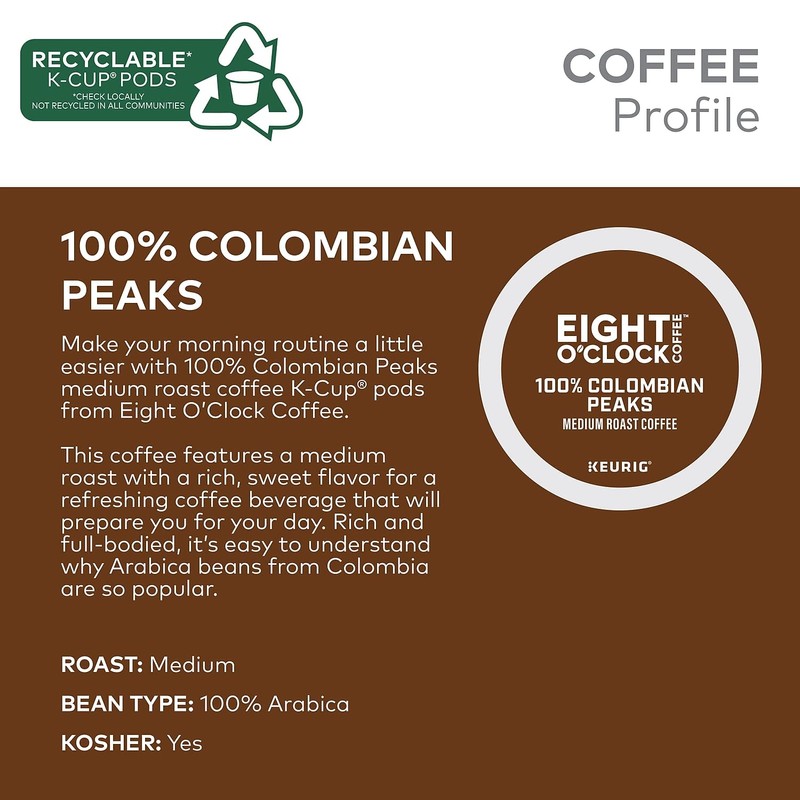 Eight O'Clock Coffee Colombian Peaks, Single-Serve Keurig K-Cup Pods, Medium