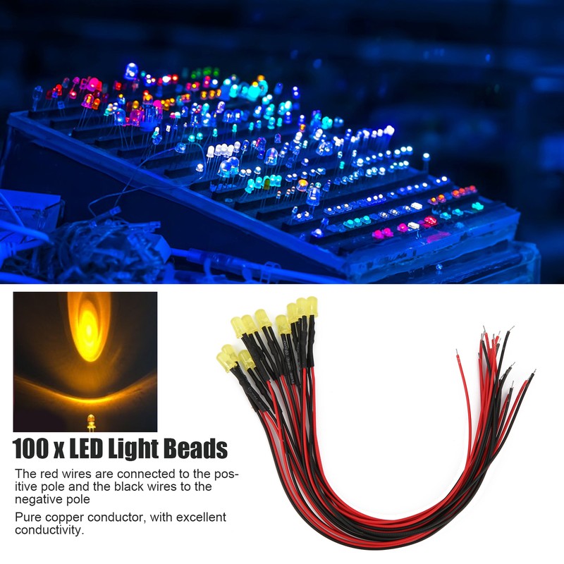 100pcs 12V Clear 5mm Prewired Light Emitting Diodes with 20cm