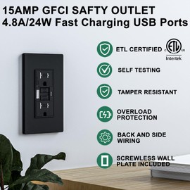 15AMP GFCI Outlet with 4.8A/24W Type A & Type C USB Charging Ports, Self-Test, Tamper Resistant, GFCI Receptacle Outlet, Screwless Wall Plate Include, ETL Listed, Black