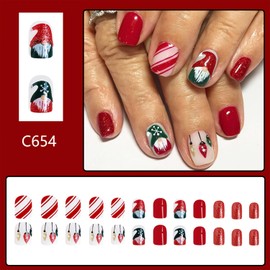 Christmas Press on Nails Short Square Fake Nails With Gnome Light Designs Xmas Red Glitter False Nails Full Cover Stick on Nails Acrylic Winter Artificial Nails for Women Glue on Nails 24 Pcs