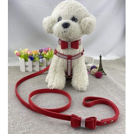 Newtensina Bowtie Dog Collar & Harness & Lead Sets Comfortable Soft Puppy Collar Diamante with Harness and Leashes Set for Dog - Red - S