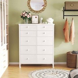 BOLUO White Dresser for Bedroom 10 Drawer, Tall Dressers & Chests of Drawers Fabric Dresser for Closet Modern