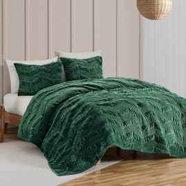 SHALALA Luxury Velvet Quilt Set Queen Size,Ultra Soft Lightweight Summer Velvet Comforter Set, Oversized Bedspread Coverlet with 2 Shams Geometries Pattern,for All Season(Forest Green,Queen)