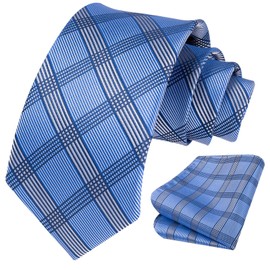 HISDERN Men's Ties with Pocket Square Set - Navy & Light Blue Striped Plaid Necktie for Men - Wedding Formal Business Silk Tie