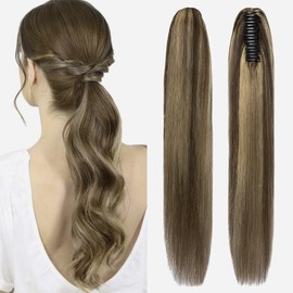FUOTONBUTY Claw Clip Ponytail Extension 100% Real Remy Human Hairpiece Pony Tails Hair Extensions Long Straight Ponytail for Women (22 inch, Balayage Dark Brown to Chestnut Brown)