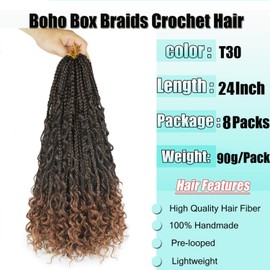 WoWCFyyds 8 Packs Crochet Braids Hair Curly 24 Inch Goddess Box Braids Crochet Hair Bohemian Hippie Braids Extensions with Curly Ends Synthetic Hair Extensions for Braids（1B/30）