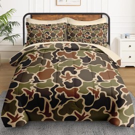 Zzzboro 7Pcs Comforter Set Full Size, Camouflage Hunting Duck Hunter Birds, Bedding Decor Camo Army Green Military Woodland Bed Set with Flat Sheet Fitted Sheet Shams for Kids and Adults