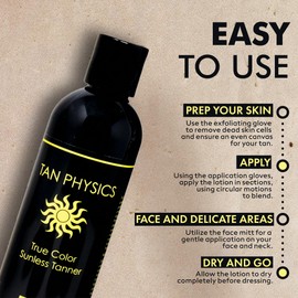 Tan Physics Self Tanner & Sunbuddy Deluxe Bundle (6pcs)–Face & Body Tanner Mitts, Exfoliation Glove, Application Mitt, Storage Bag & 8oz True Color Sunless Tanning Lotion-self tanning mitt applicator