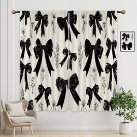 Mitpok Black Bow Curtains for Girls Bedroom 42Wx63H Inch Rod Pocket Kids Girly Coquette Retro Bownot Vintage Rustic Floral Flower Elegant Pretty 2 Panel Window Treatment Set for Living Room Decor