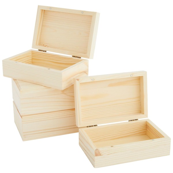 Unfinished Wood Boxes with Hinged Magnetic Lid, 4-Pack of Pinewood Craft Boxes, 14 x 8.9 x 5.1 cm Each
