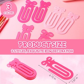 Faccito 6 Pcs Coquette Bows Jumbo Paper Clip Acrylic Bow Clip Bookmark Pink Sublimation Paperclip Clamp Cute Clear Acrylic Jumbo Paperclip Decoration for Teachers School Office Home Supplies
