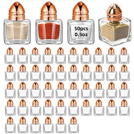 50 Pack Mini Salt and Pepper Shakers Bulk 0.5 Oz, Small Cube Glass Spice Shaker Container with Stainless Steel Lid for Kitchen Restaurant Travel Home Camp Party Supplies (Rose Gold)