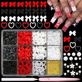 BELICEY 3D Bow Nail Charms Valentine's Day Red Black White Acrylic Heart Flower Charms for Nails Flatback Nail Pearls Gold Caviar Beads Nail Gems Rhinestones Nail Art Charms for DIY Nail Art Design