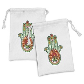 Ambesonne Hamsa Fabric Pouch Set of 2, Middle Hamsa with Defense of Evil Eye Theme, Small Drawstring Bag for Toiletries Masks and Favors, 9" x 6", Green Red