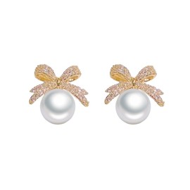 Dainty CZ Bow Pearl Stud Earrings 925 Sterling Silver Pin Post 14K Gold Plated Ribbon Bowknot Drop Dangle Earring Hypoallergenic Luxury Jewelry Christmas Birthday Gifts for Women Her