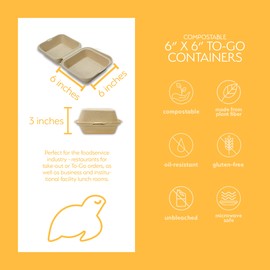 100% Compostable Disposable Food Containers with Lids [6”X6” 500 Pack] Eco-Friendly Take-Out TO-GO Containers, Heavy-Duty, Biodegradable, Unbleached by Earth's Natural Alternative