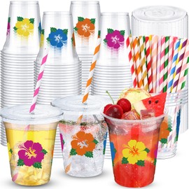 Widecook 50 Pack Hibiscus Plastic Cups with Lids and Paper Straws 12 oz Summer Hawaiian Themed Party Disposable Cup for Tropical Tiki Luau Party Supplies Decoration