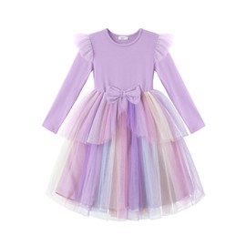 Arshiner Toddler Tulle Dress Princess Fall Tutu Long Sleeve Birthday Party Dresses Purple Rainbow 4-5T