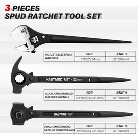 HAUTMEC 12inch Spud Ratchet Wrench Set(3 PCS), Includes 3/4" x 7/8" Dual Socket Scaffold Ratchet Wrench with Claw Pry Bar & Hammer Function, 3/8" x 1/2" Dual Head Ratchet, and Adjustable Spud Wrench