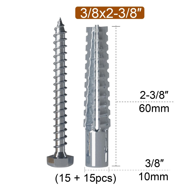 ZUYUEE 30PCS 3/8×2-3/8 in Screws and Wall Plugs Set,Concrete Anchors