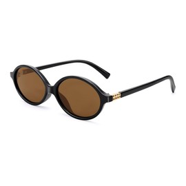 NULOOQ Retro Oval Sunglasses for Women 90s Trendy Vintage Small Round Sunnies Shades (Black Frame/Brown Lens)