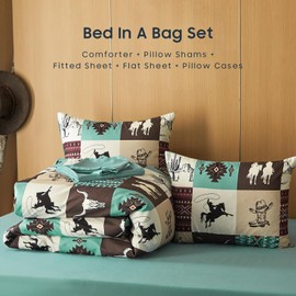 Wake In Cloud - Western Comforter Set with Sheets, Southwestern Aztec Country Horse Cowboy Rustic Ranch Style, 7 Pieces Bed in a Bag, Turquoise Taupe, King Size