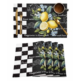 Placemats Farmhouse Lemon on Black White Table Mats Set of 4,Washable Heat Tolerant Summer Fruit Plaid Placemats for Indoor Kitchen Dining, Outdoor Party Dinner,13x19IN