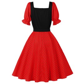 1950s Dresses for Women 50s Style Vintage Rockabilly Audrey Hepburn Dress Polka Dot Short Puff Sleeve Sweetheart Neckline Dresses with Belted Pin Up A Line Swing Cocktail Dress Red XXL