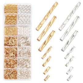 PH PandaHall 1606pcs 7 Sizes Glass Twisted Bugle Beads Metallic Tube Beads 5/6/9/12/20/25/30mm Long Tube Seed Bead Loose Bugle Spacer Beads for Earrings Bracelet Necklace Craft Jewelry, Golden/Silver
