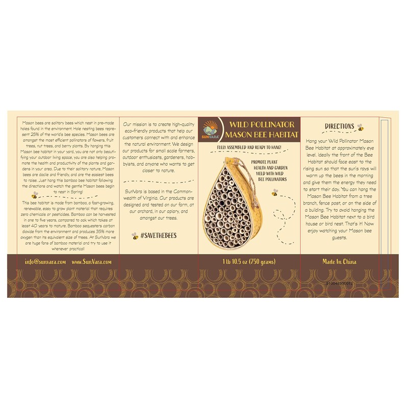 SunVara Wild Pollinator Mason Bee Habitat | Garden Bee House