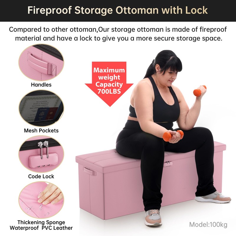 ENGPOW Fireproof Storage Ottoman, Folding Storage Bench with Lock(15”x 43”x15”),