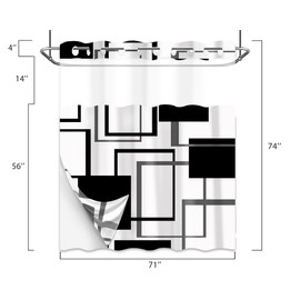 Black and White Hookless Shower Curtain with Snap in Liner, Black and Grey White Geometric No Hook Double Layer Shower Curtain and Liner Set for Mens, Waterproof Cloth Fabric, 71" W X 74" L