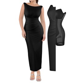 Popilush Formal Office Dresses for Women - Long Dress - Ruched Bodycon Maxi Dress Backless Black