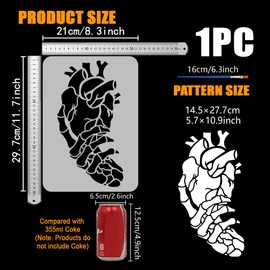 FINGERINSPIRE Hand Skeleton Painting Stencil with 1Pc Plastic Paint Brush 8.3x11.7 inch Plastic Skeleton Hand with Heart Pattern Stencil Reusable Skeleton Hand Stencil for DIY Projects and Crafts