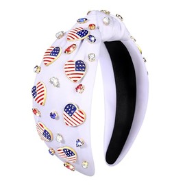 boderier 4th of July Headband American Flag Heart Headband Red White Blue Jeweled Crystal Embellished Knotted Independence Day Patriotic Holiday Acessories (USA Heart)