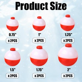 12 Pcs Fishing Snap-On Floats 6 Sizes Hard Float Bobbers Round Carp Floats Red & White Buoy Float for Outdoor Fishing