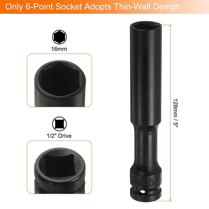 sourcing map Deep Thin Wall Impact Socket 16mm Metric 6