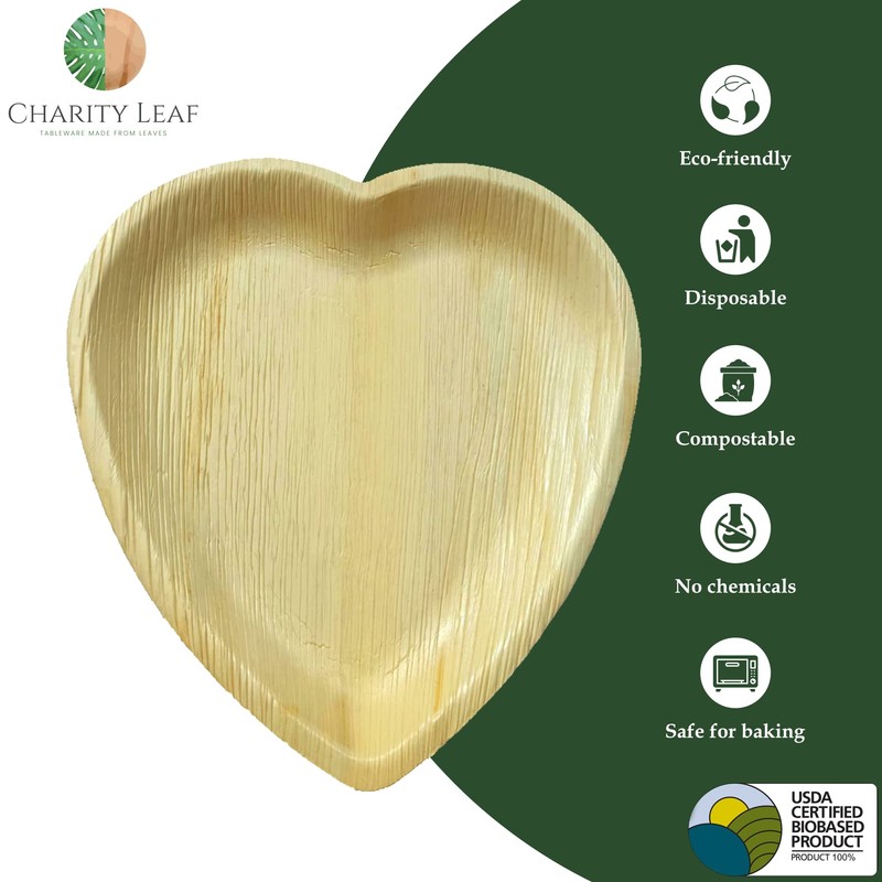 Charity Leaf Disposable Palm Leaf 10" Heart Plates (25 pieces)