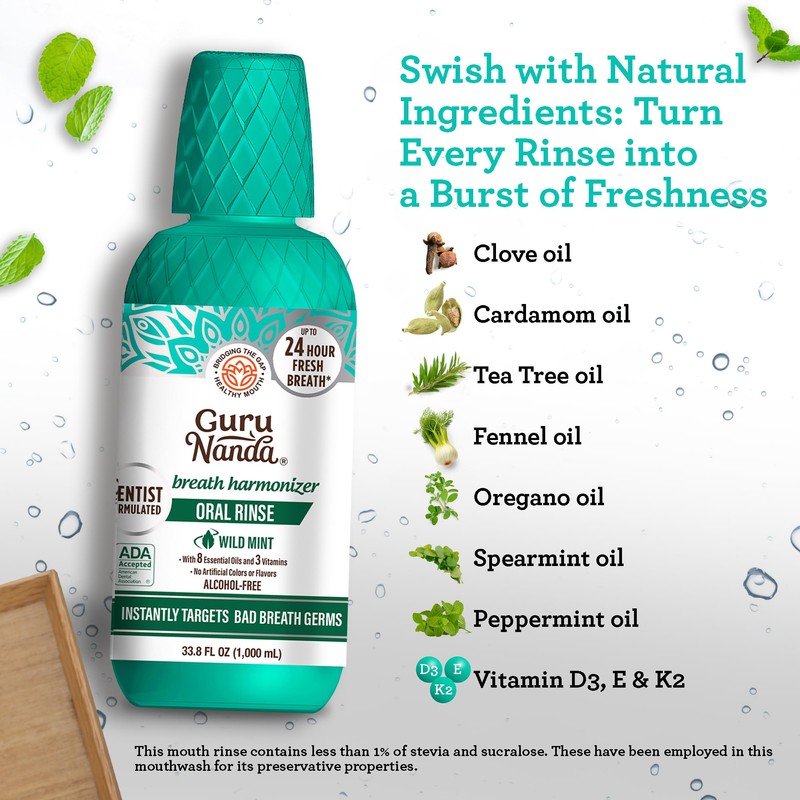 GuruNanda Fresh Breath Mouthwash, ADA-Accepted, Alcohol & Fluoride-Free, Sodium Chlorite,