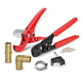 Plumbing Kit - Crimper Tool with Lock Hook, Cutter Tool with Carrying Case, Brass Barbed 1/2" Elbow & 1/2" Straight Coupling Fittings, Cinch Clamp & Half Clamp with Nail