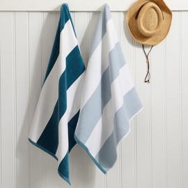 Loon & Lake Sand Resistant Beach Towels | Waffle Weave Reverse to Plush Velour Block Stripe | Oversized 40" x 70" | Crafted from 100% Combed Cotton | Wolfeboro Collection - Adriatic Blue