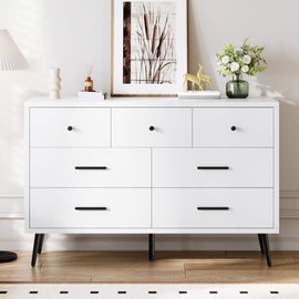DWVO White 7 Drawer Dresser, 47" W Large Double Dresser Chest of Drawers, Modern Wood Storage Organizer with Black Metal Handles & Anti-Tipping Device for Hallway, Entryway
