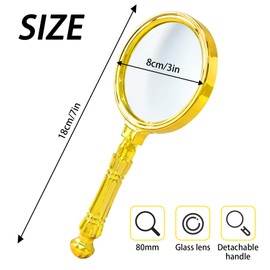 Portable Magnifying Glass with Split Handle, 10X Handheld Reading Magnifying Glass for Seniors & Kids, 80mm Gold Colored Magnifier with Real Glass for Reading Inspection Coins Jewelry