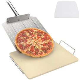 Universal Extra Large Pizza Stone with Rack for Oven, BBQ Grilling, 12" x 15" Natural Cordierite Rectangular Baking Stone Kit with Pizza Peel & Plastic Scraper for Baking Bread, Baking Pizza, Cookies